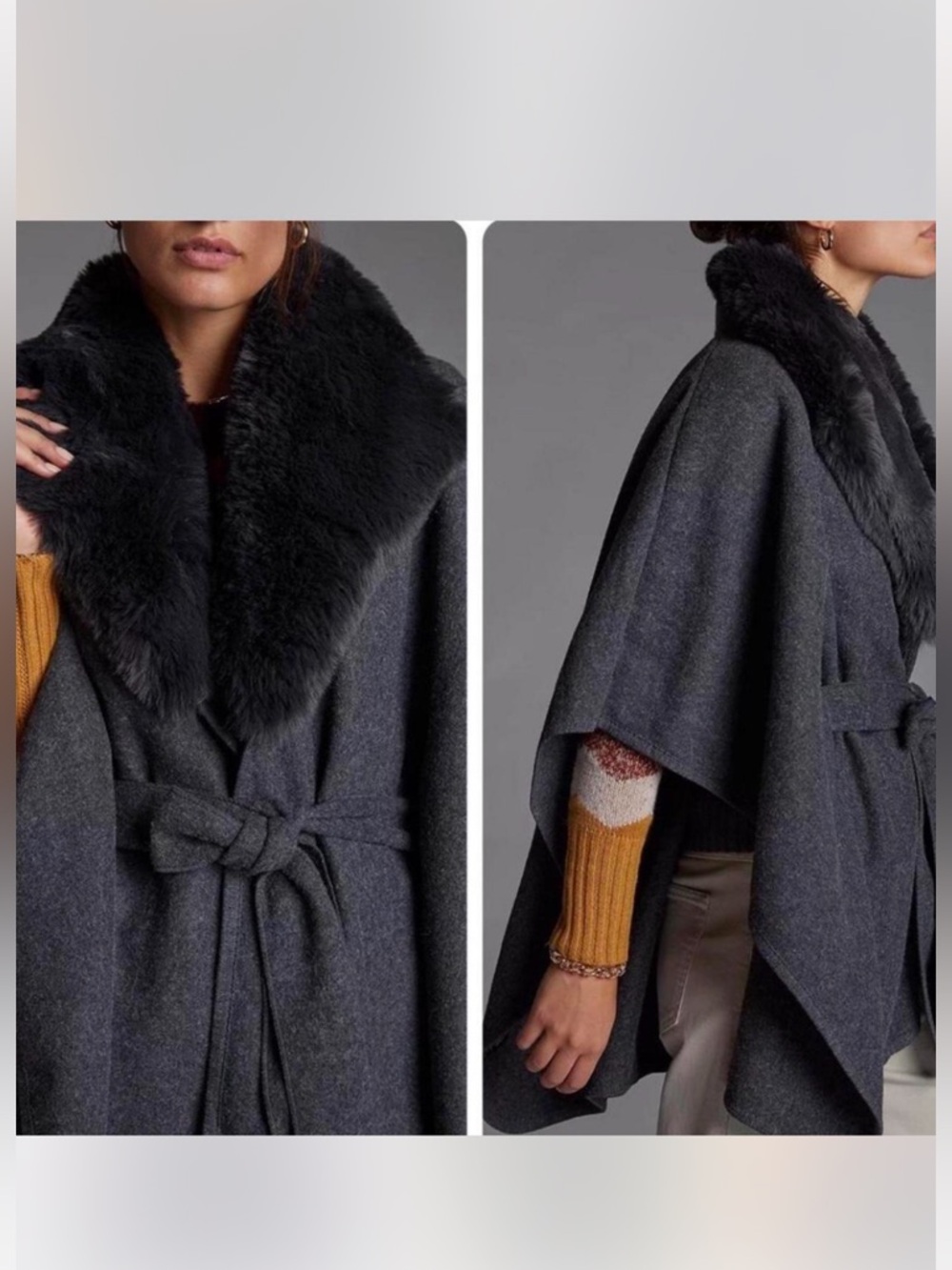 Dark Charcoal Wool Wrap Cape Jacket with Faux Fur Collar - Picture 3 of 6